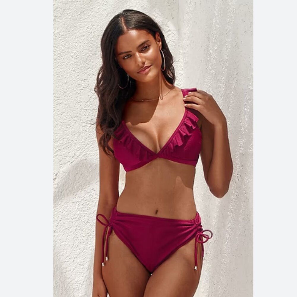 Savannah Burgundy Ruffle Crisscross Drawstring Bikini
